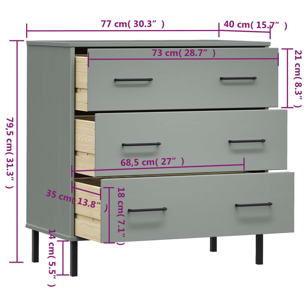 Servantă cu 3 sertare, gri, 77x40x79,5 cm, lemn masiv OSLO