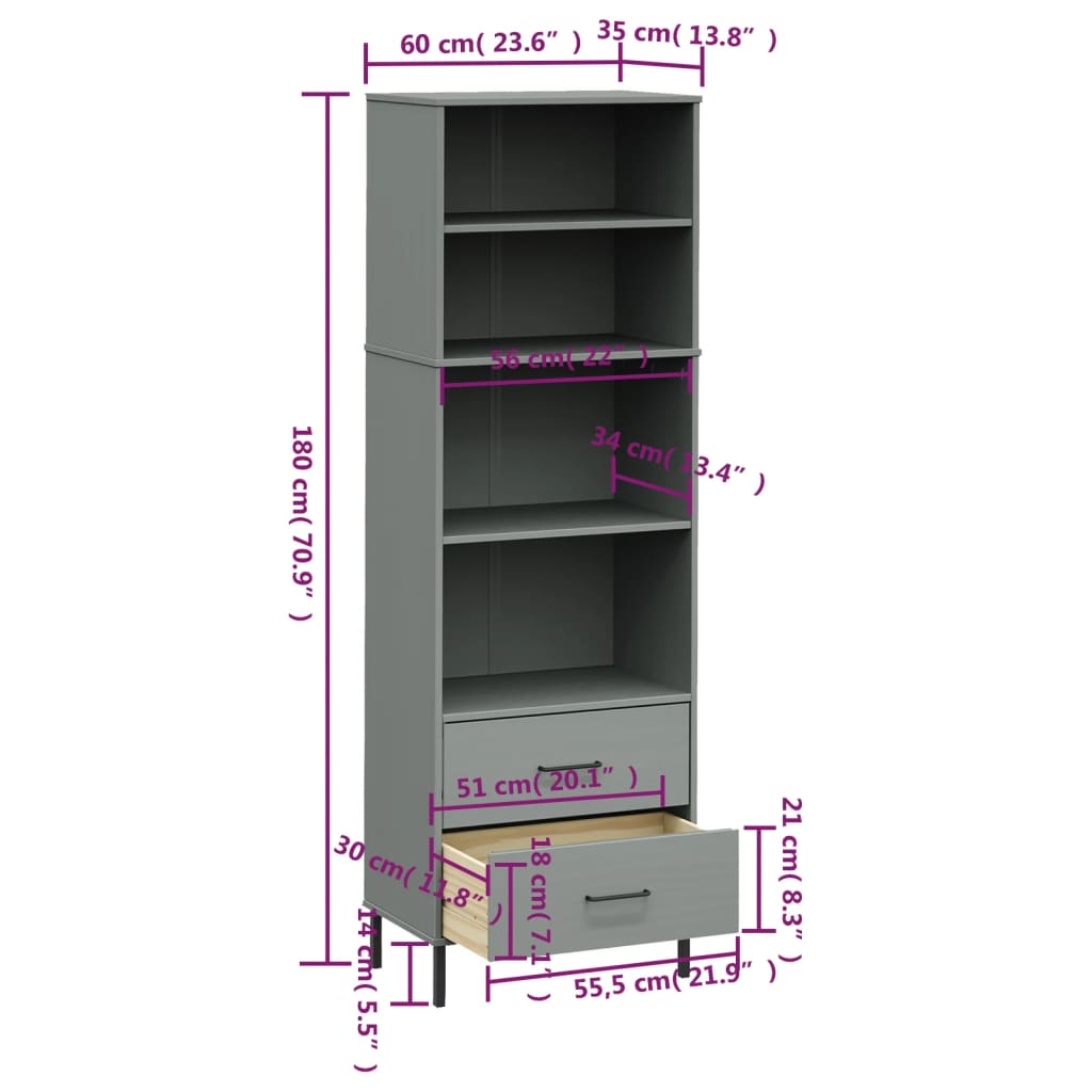 Bibliotecă cu 2 sertare OSLO, gri, 60x35x180 cm, lemn masiv