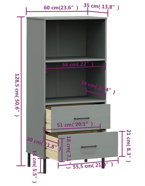 Загрузите изображение в средство просмотра галереи, Bibliotecă cu 2 sertare OSLO, gri, 60x35x128,5 cm, lemn masiv
