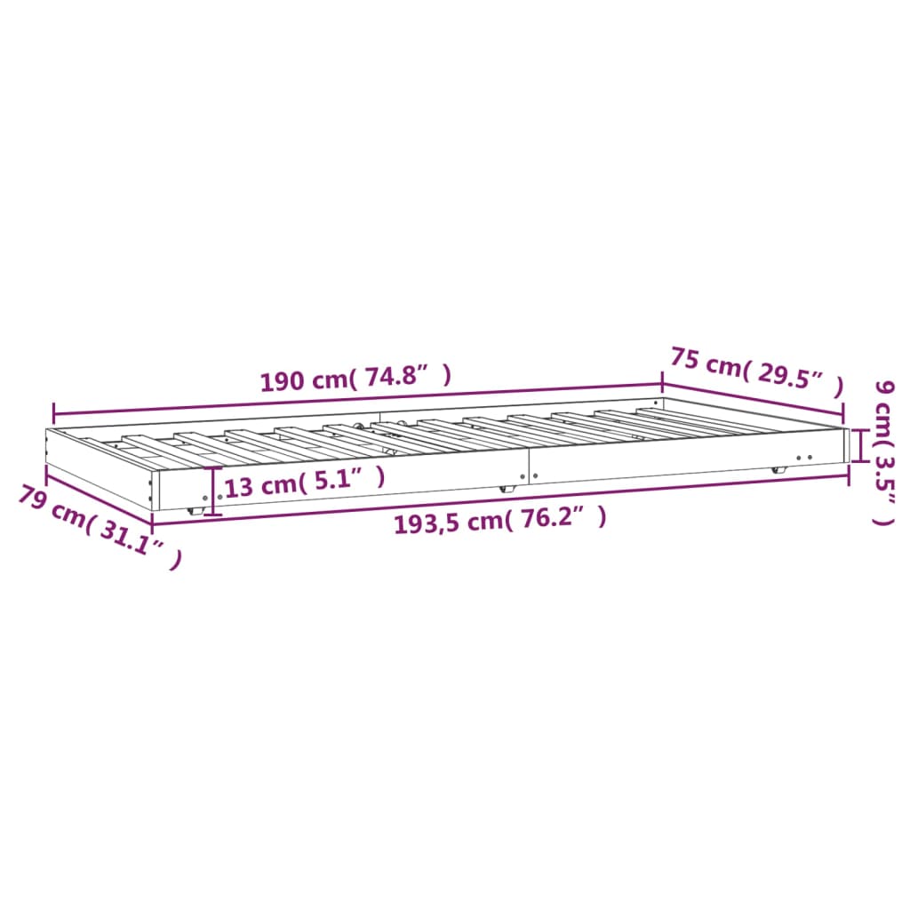 Cadru de pat, alb, 75x190 cm, lemn masiv de pin - Lando