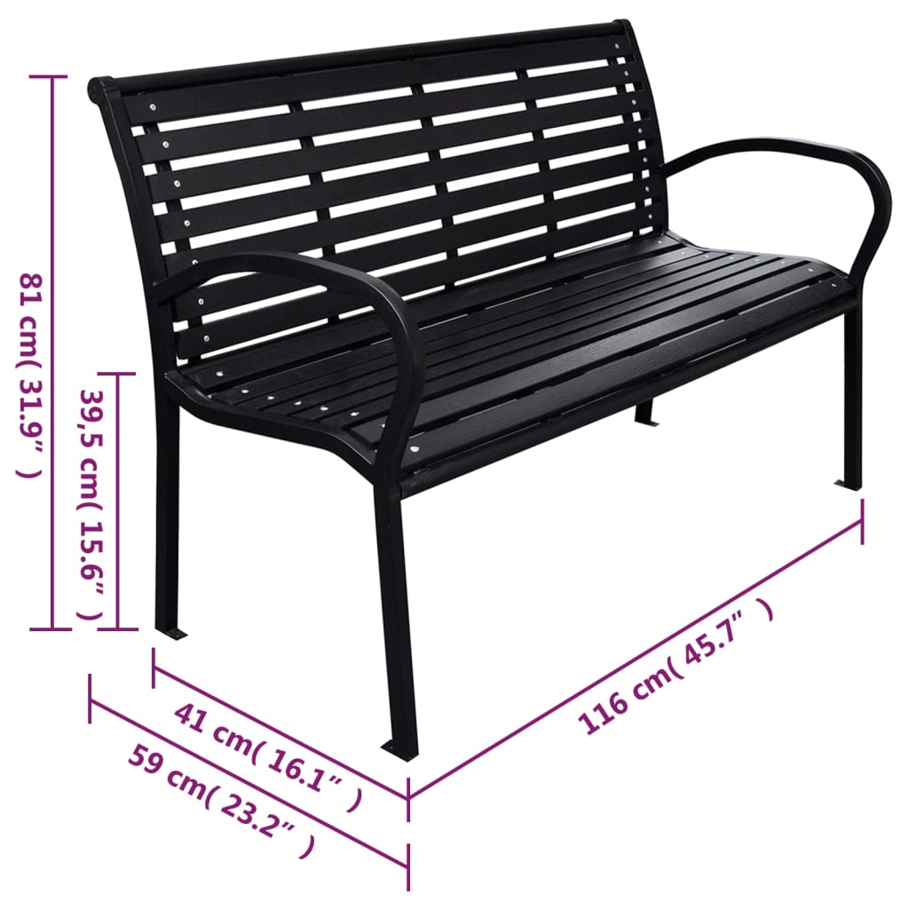 Bancă de grădină, negru, 116 cm, oțel și WPC