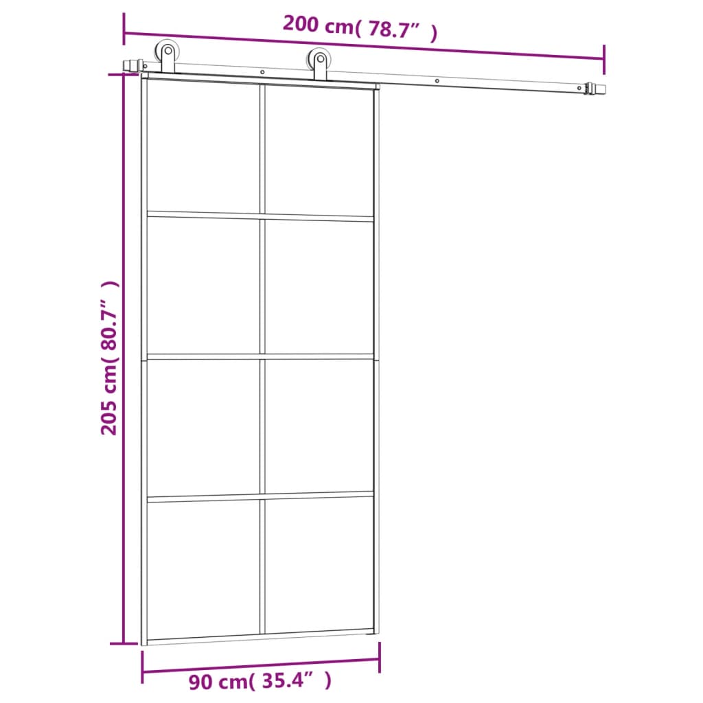 Ușă glisantă cu set feronerie, 90x205 cm, sticlă ESG/aluminiu