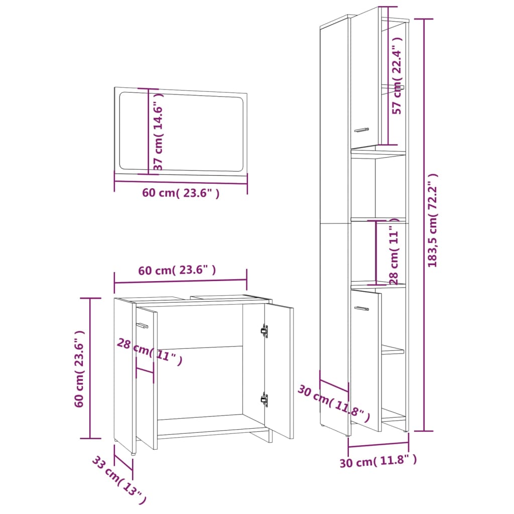 Set mobilier de baie, 3 piese, gri sonoma, lemn prelucrat