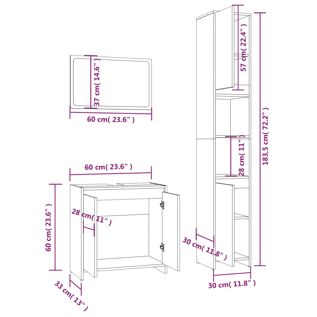 Set mobilier de baie, 3 piese, stejar fumuriu, lemn prelucrat