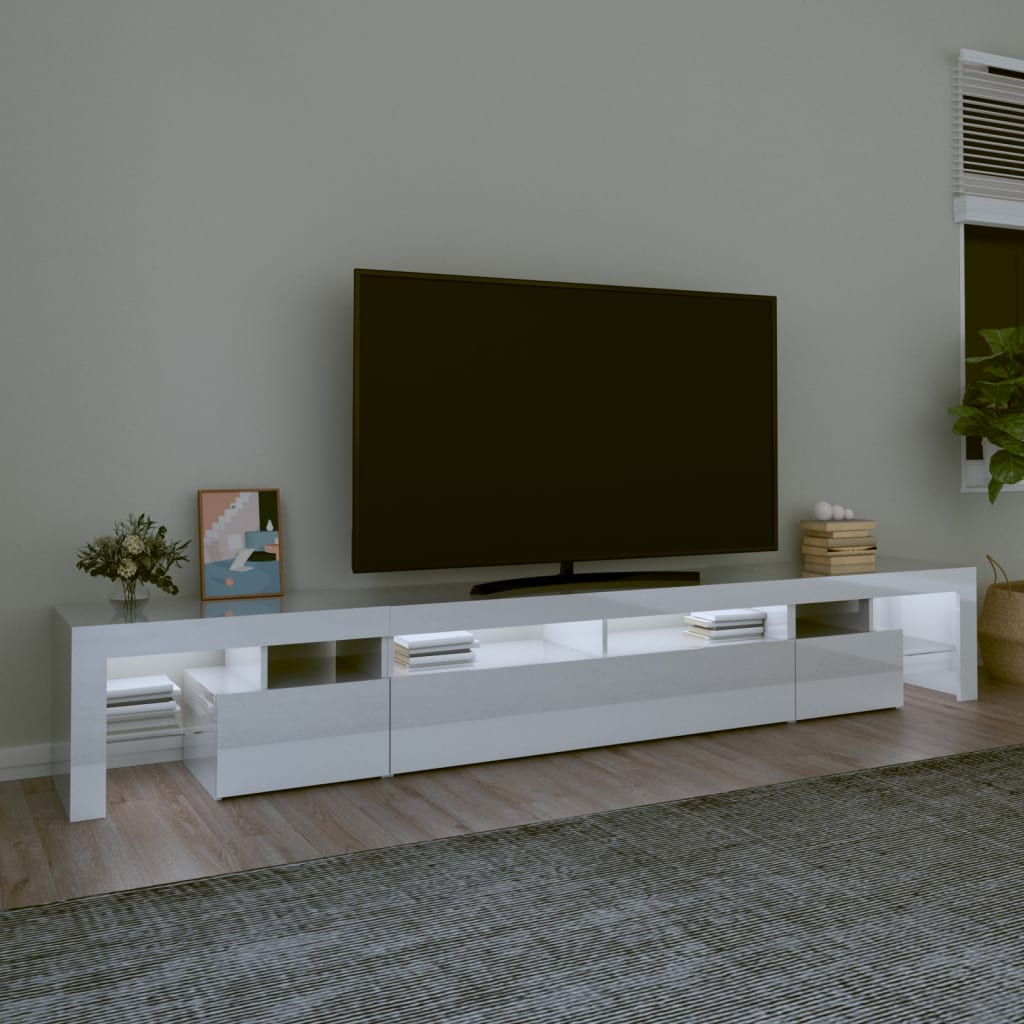 Comodă TV cu lumini LED, alb extralucios, 260x36,5x40cm