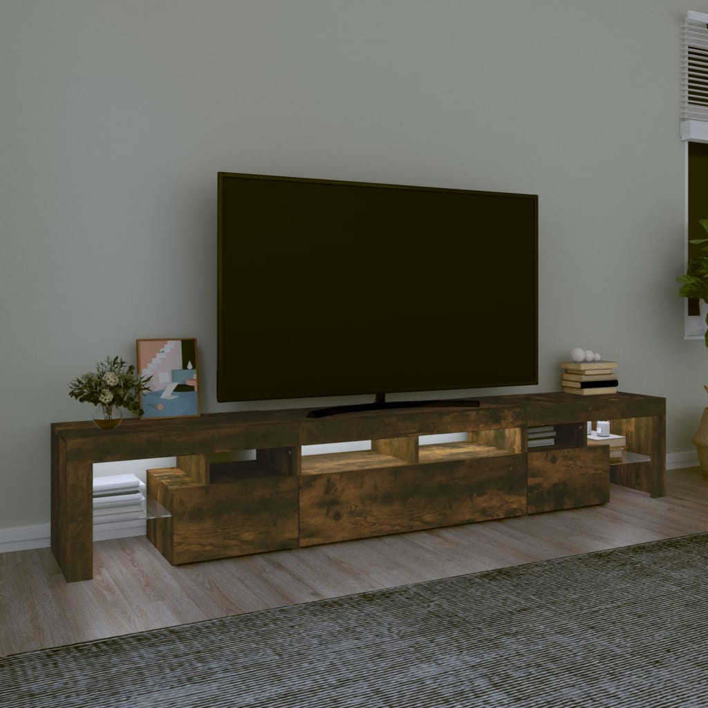 Comodă TV cu lumini LED, stejar fumuriu,230x36,5x40cm