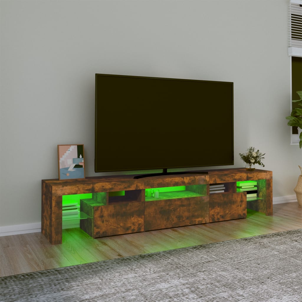 Comodă TV cu lumini LED, stejar fumuriu,200x36,5x40cm