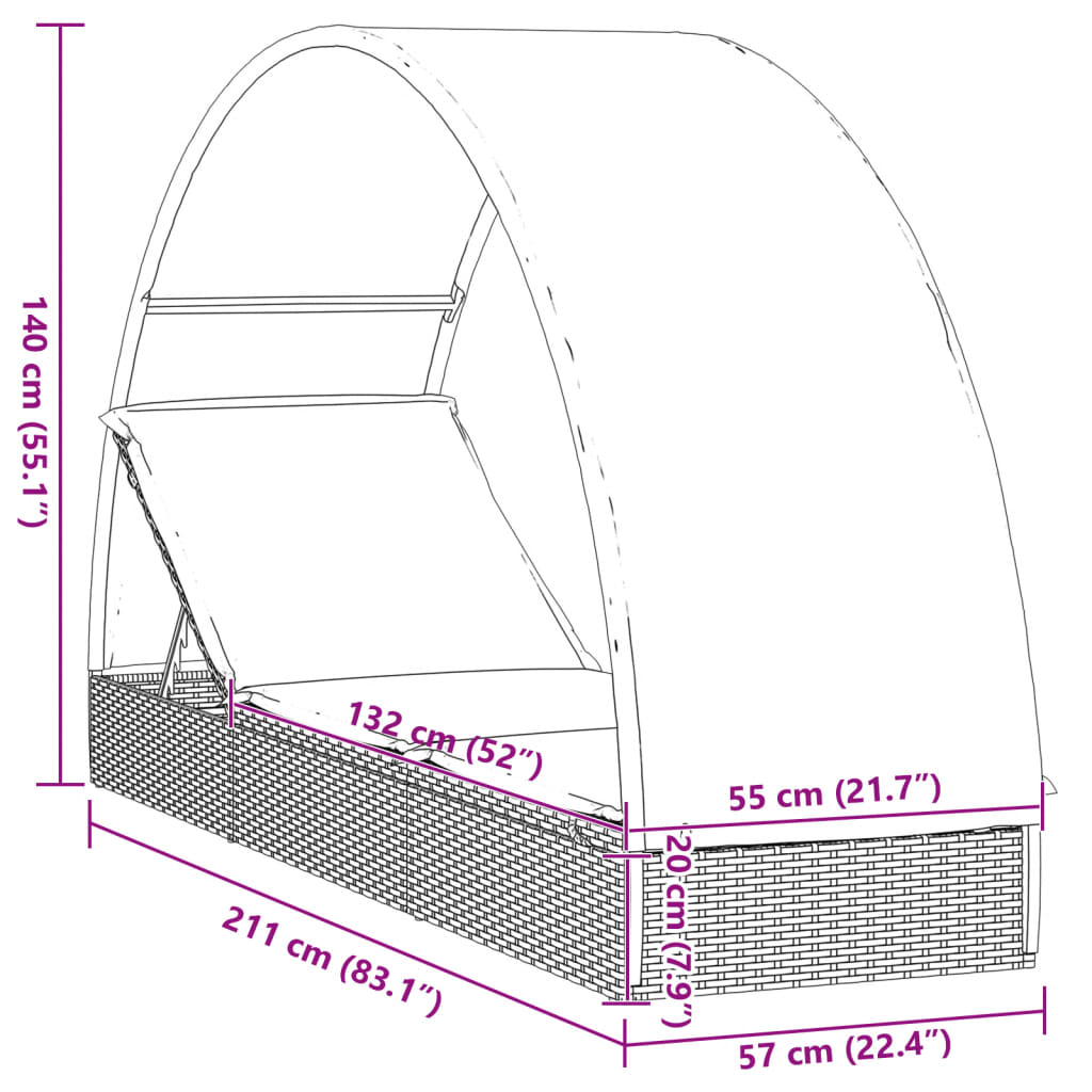 Șezlong cu acoperiș rotund, maro, 211x57x140 cm, poliratan