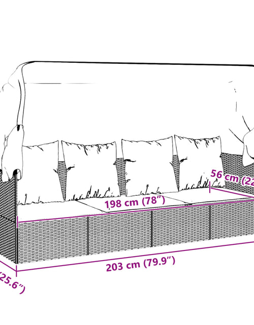 Încărcați imaginea în vizualizatorul Galerie, Pat șezlong de exterior cu acoperiș și perne, maro, poliratan
