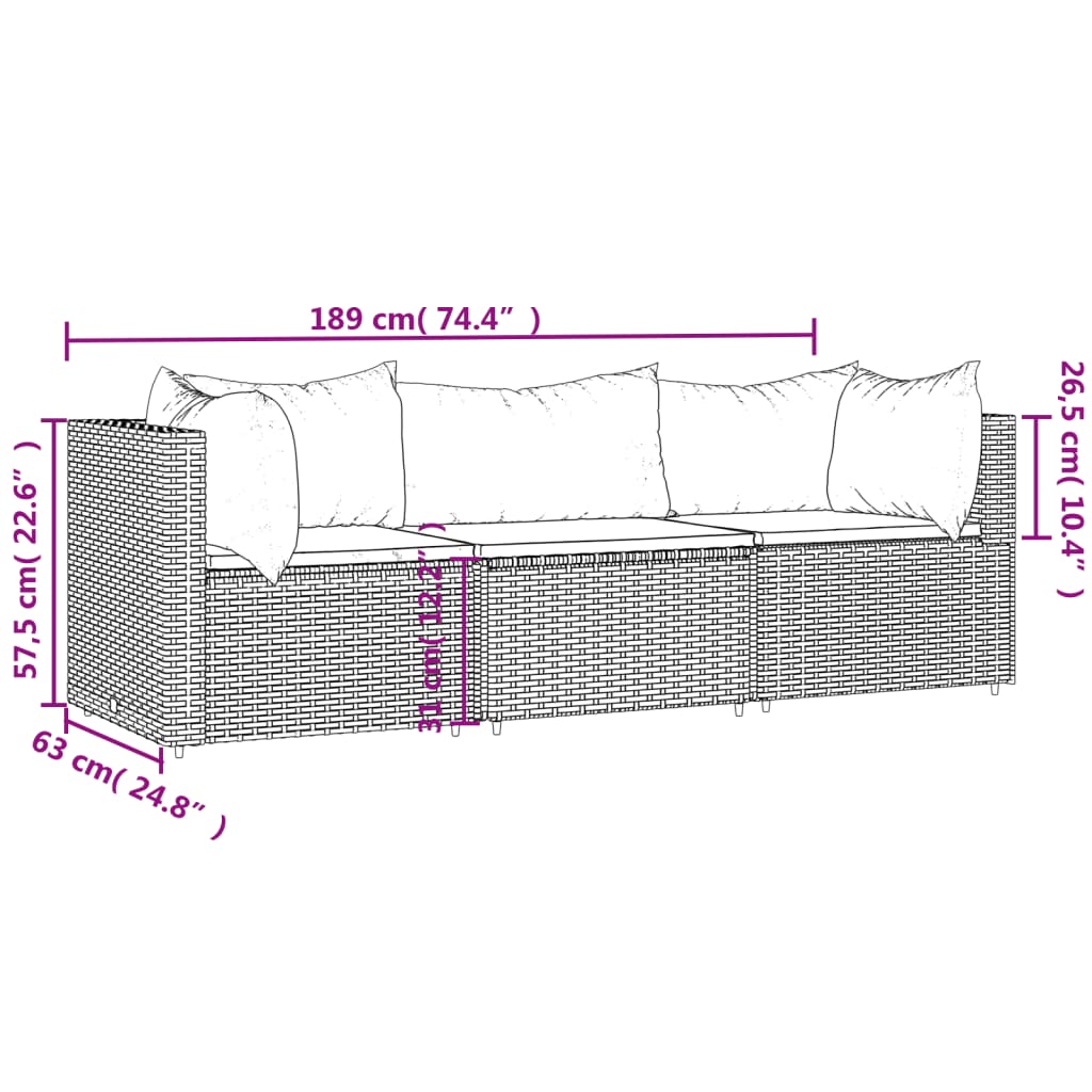 Set mobilier de grădină cu perne, 3 piese, negru, poliratan