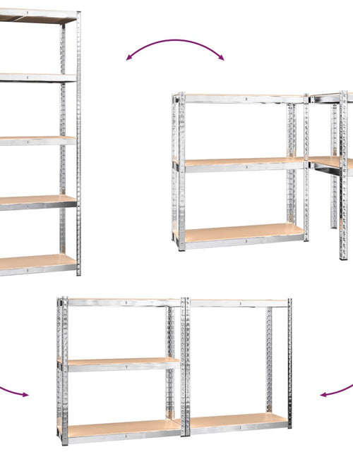 Încărcați imaginea în vizualizatorul Galerie, Rafturi de depozitare cu 5 niveluri, 4 buc., oțel argintiu&amp;lemn
