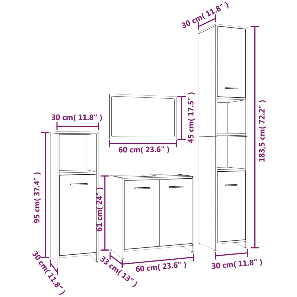 Set mobilier de baie, 4 piese, stejar fumuriu, lemn prelucrat