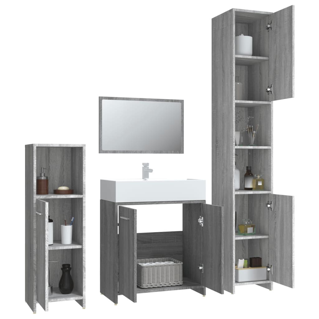 Set mobilier de baie, 4 piese, gri sonoma, lemn prelucrat