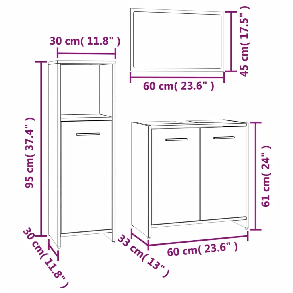 Set mobilier de baie, 3 piese, stejar fumuriu, lemn prelucrat