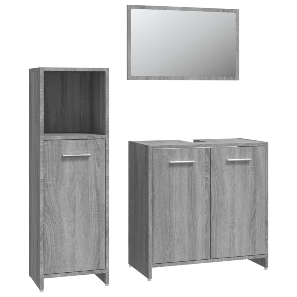 Set mobilier de baie, 3 piese, gri sonoma, lemn prelucrat