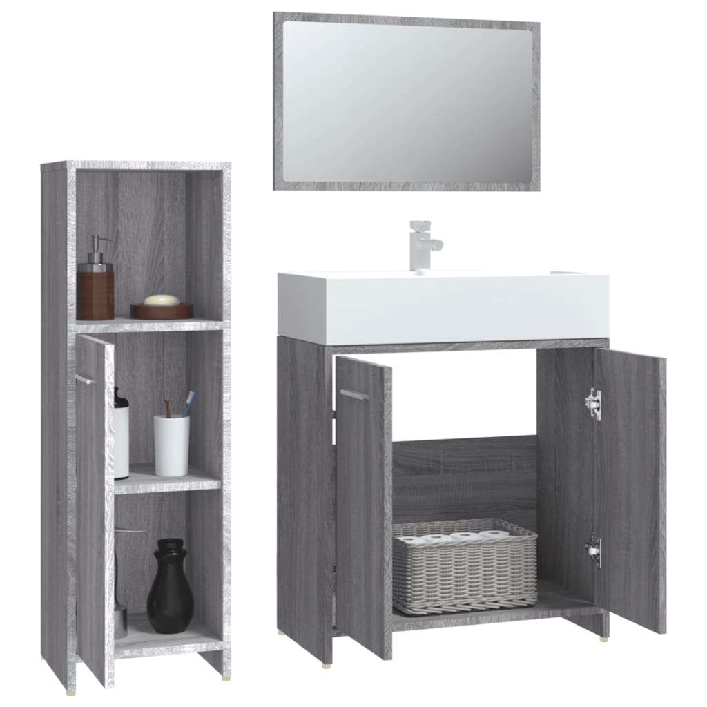 Set mobilier de baie, 3 piese, gri sonoma, lemn prelucrat