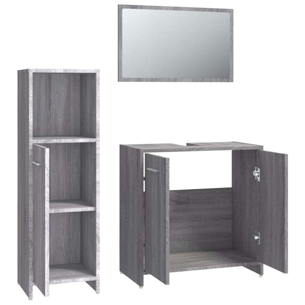 Set mobilier de baie, 3 piese, gri sonoma, lemn prelucrat