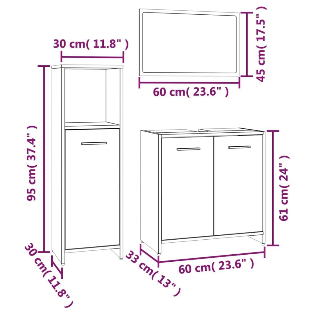 Set mobilier de baie, 3 piese, gri sonoma, lemn prelucrat