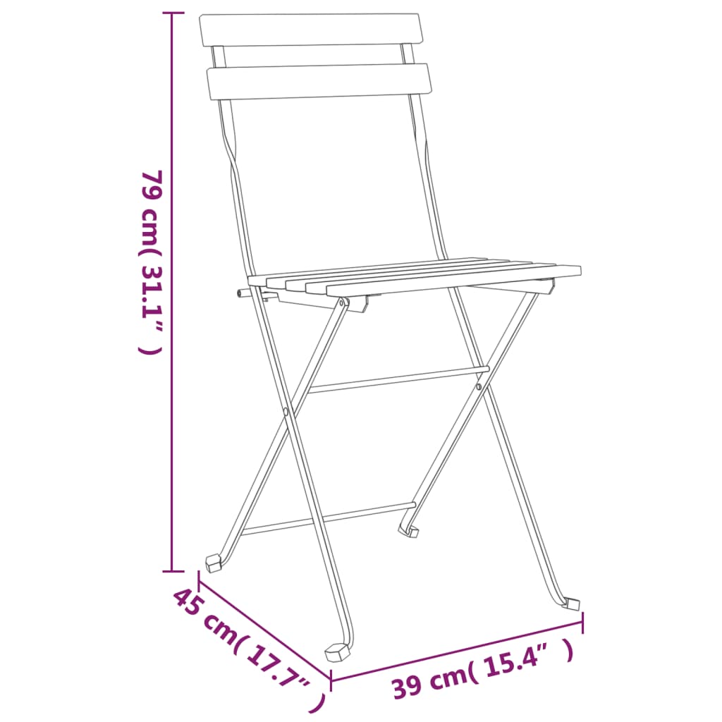 Set mobilier de bistro pliabil, 3 piese, lemn masiv tec și oțel