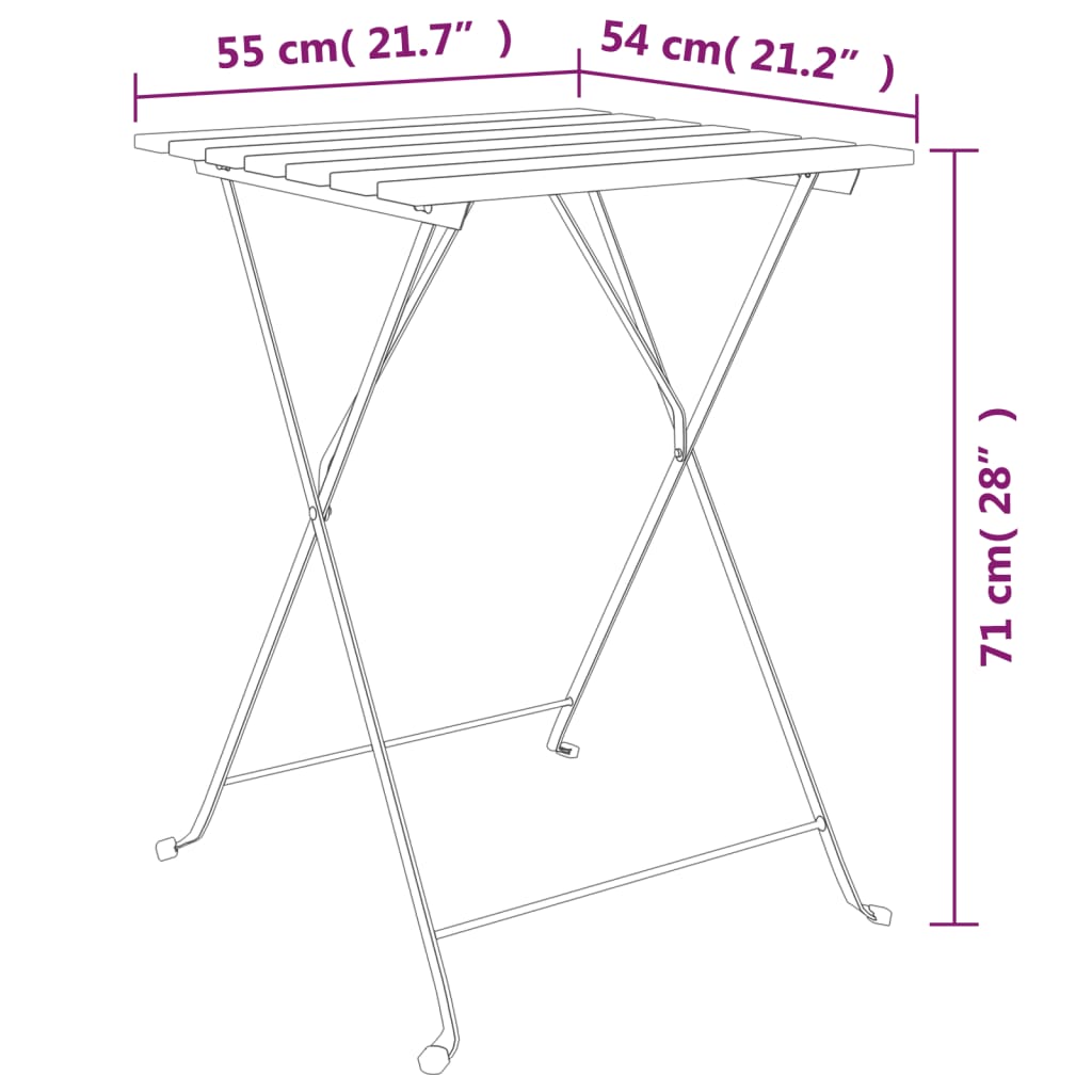 Set mobilier de bistro pliabil, 3 piese, lemn masiv tec și oțel