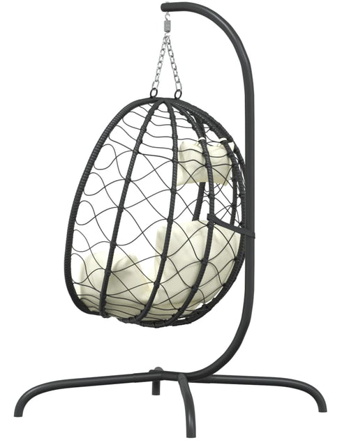 Încărcați imaginea în vizualizatorul Galerie, Scaun suspendat tip ou cu pernă, alb crem, poliratan și oțel - Lando
