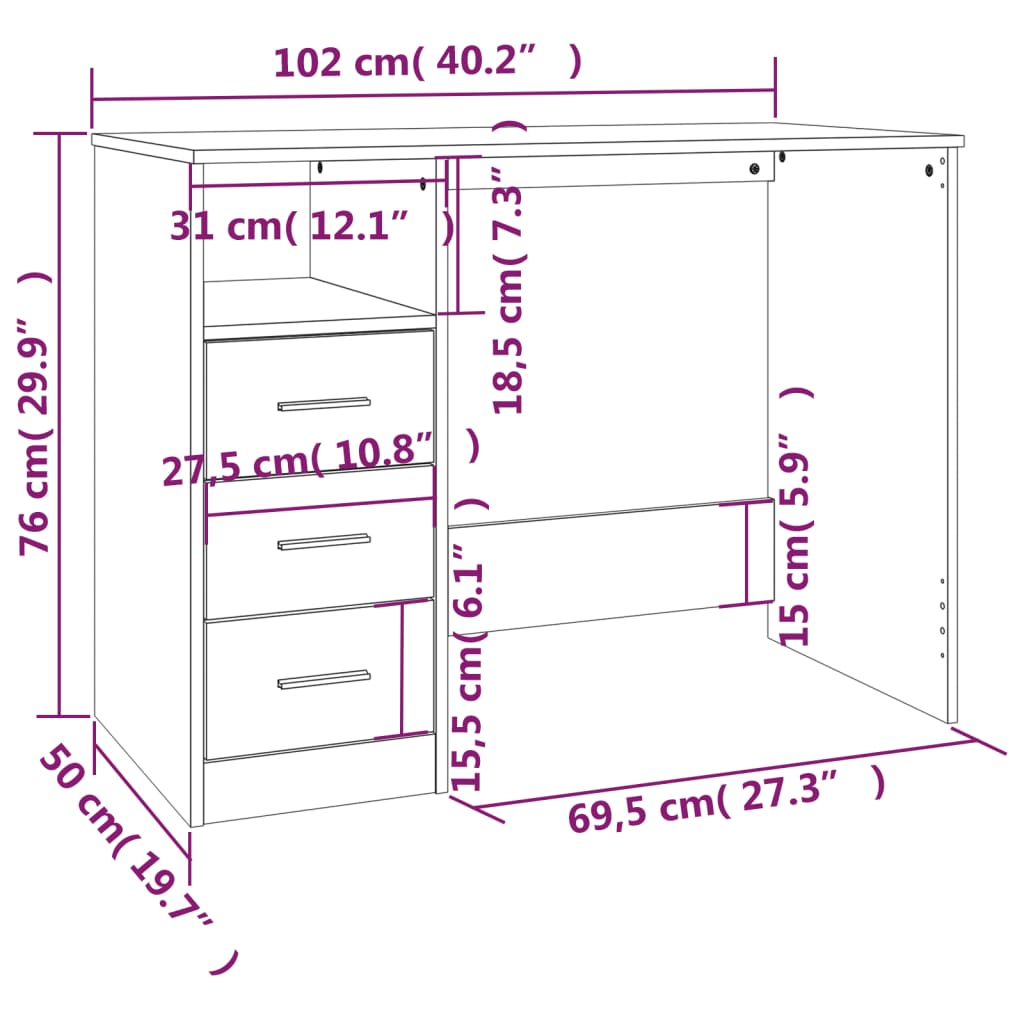 Birou cu sertare gri sonoma 102x50x76 cm lemn prelucrat