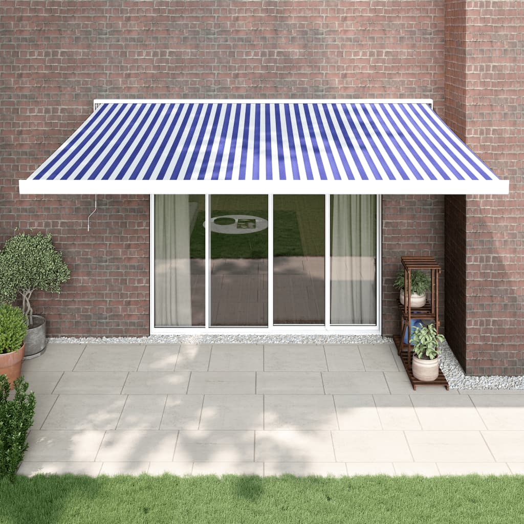 Copertină retractabilă albastru/alb, 4x3 m, textil/aluminiu