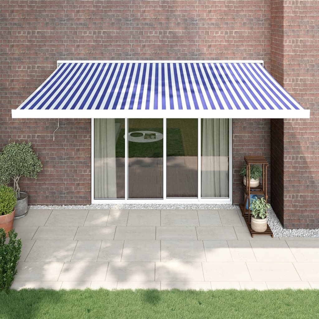 Copertină retractabilă albastru/alb, 4,5x3 m, textil/aluminiu