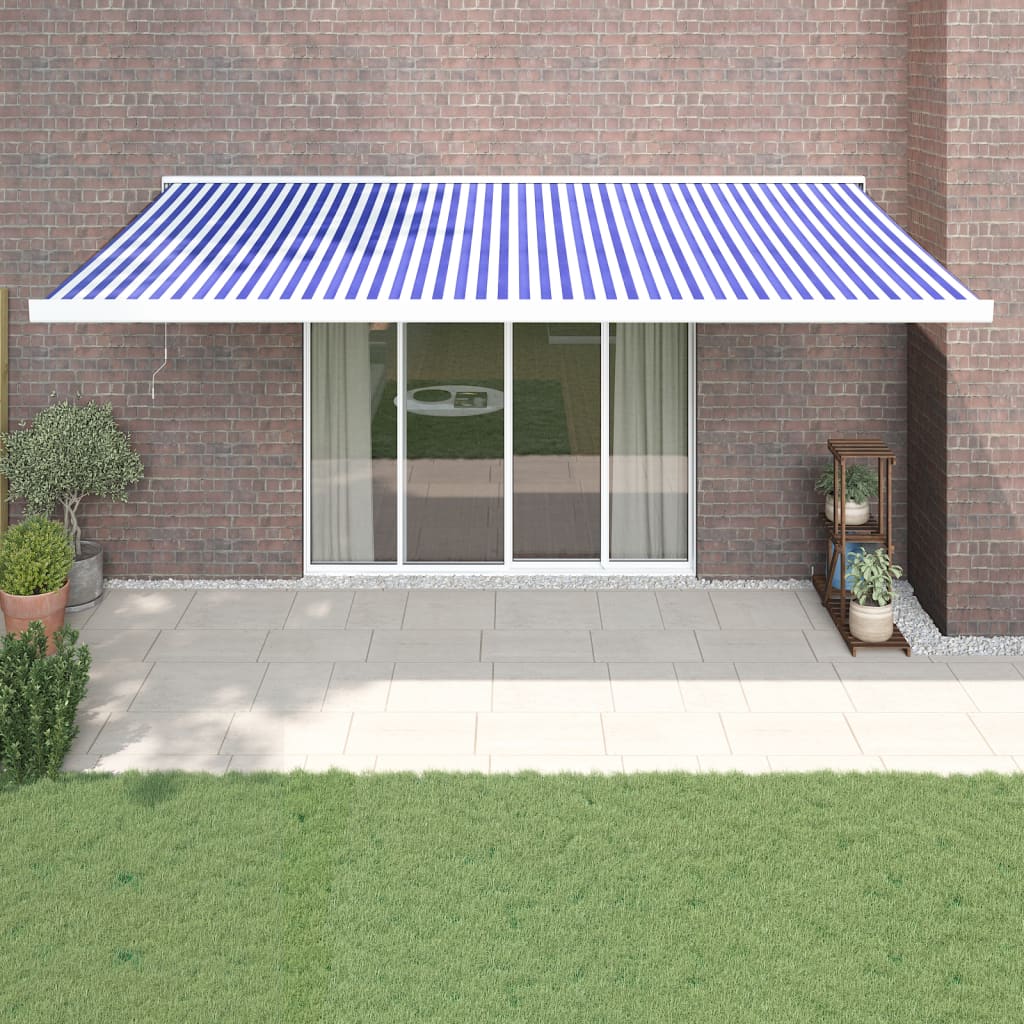 Copertină retractabilă albastru/alb, 5x3 m, textil/aluminiu