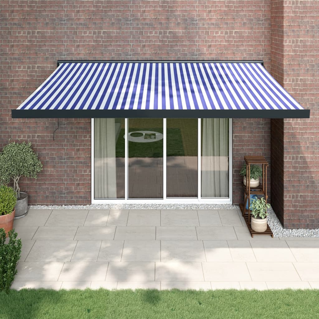 Copertină retractabilă albastru/alb, 4x3 m, textil/aluminiu