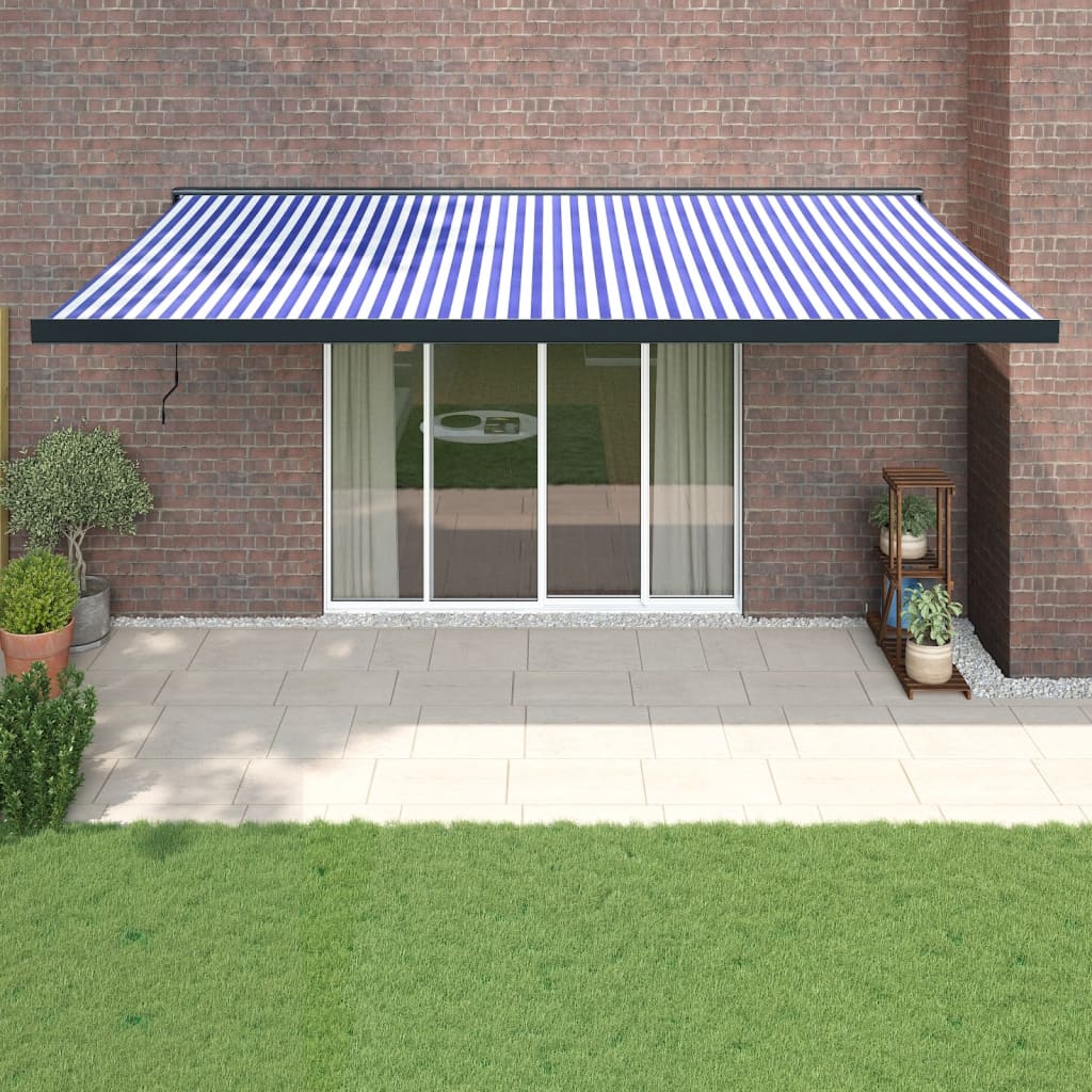 Copertină retractabilă albastru/alb, 5x3 m, textil/aluminiu