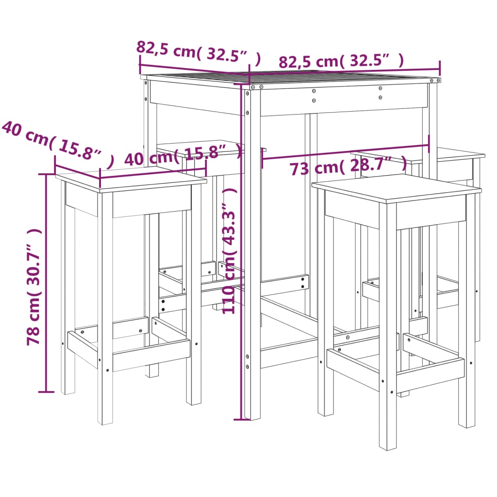 Set mobilier de bar pentru grădină, 5 piese,alb, lemn masiv pin