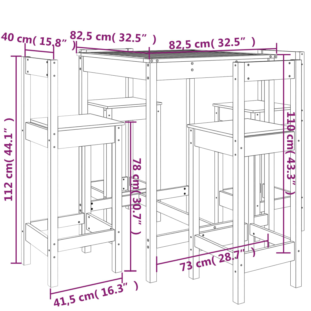 Set mobilier bar de grădină, 5 piese, negru, lemn masiv de pin