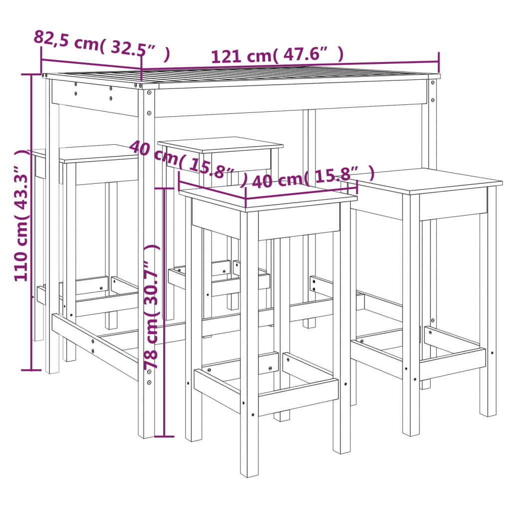 Set mobilier de bar pentru grădină, 5 piese, lemn masiv de pin