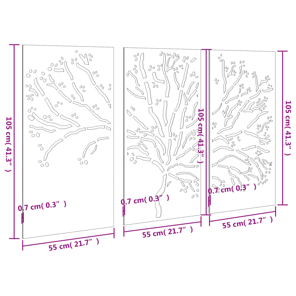 Decorațiuni perete de grădină 3 buc. 105x55 cm oțel model copac