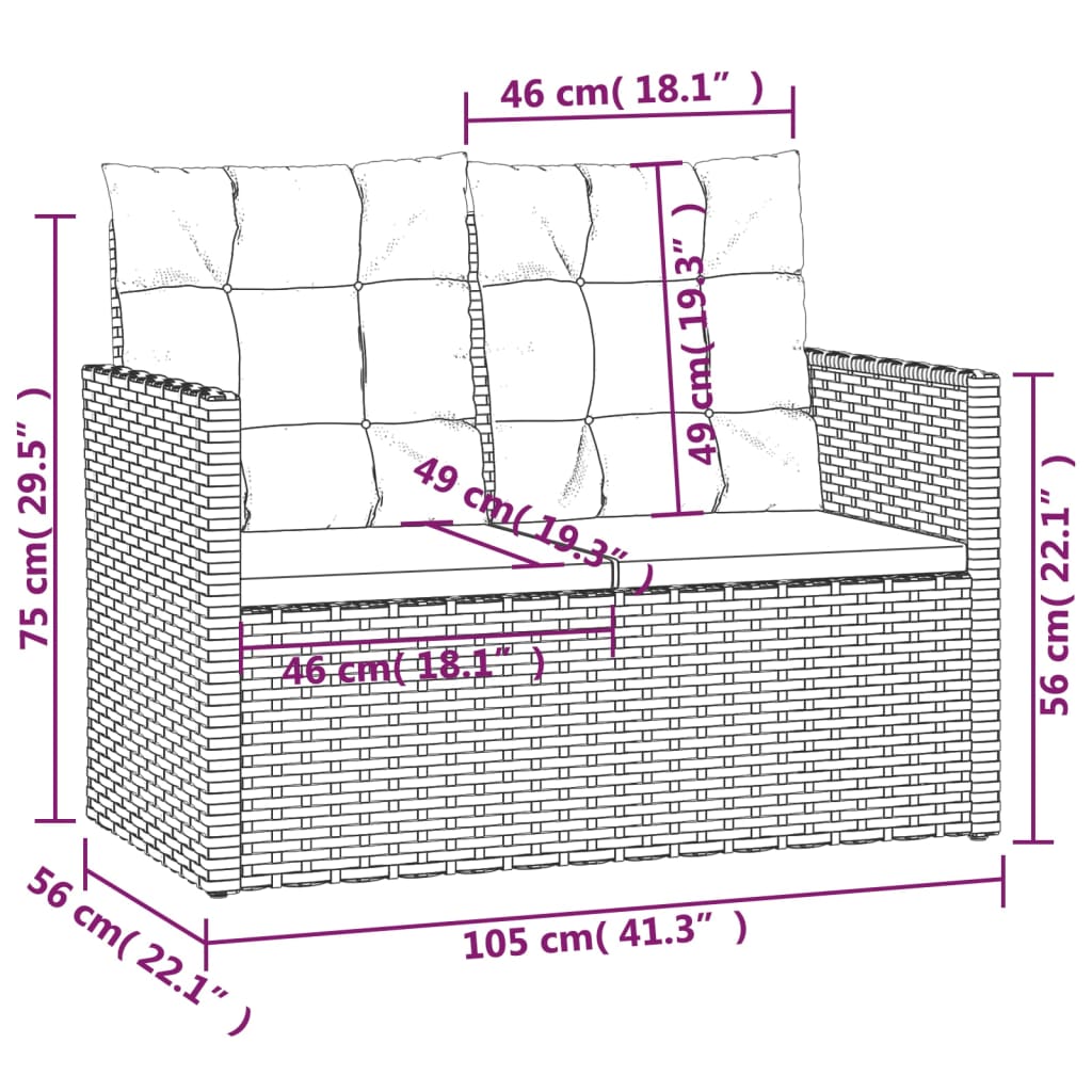 Bancă de grădină cu perne, gri, 105 cm, poliratan - Lando