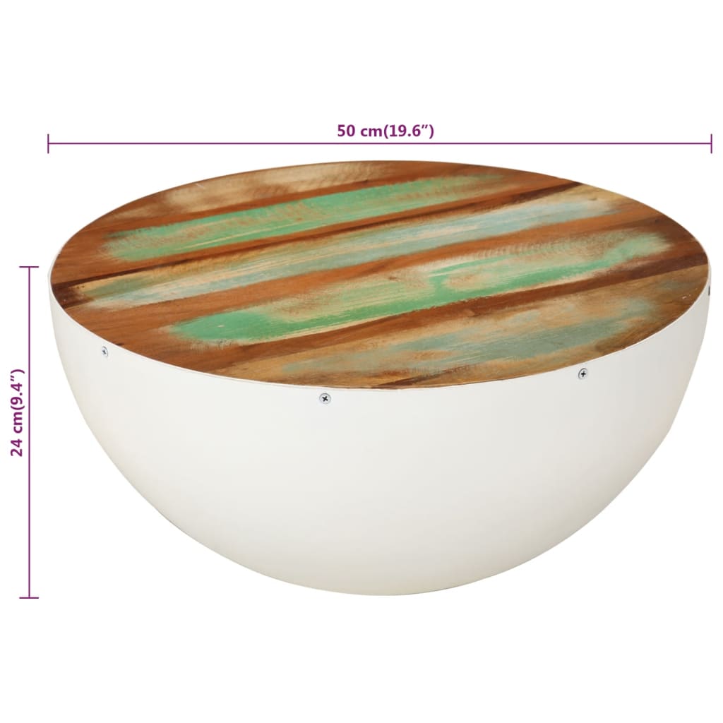 Măsuță de cafea formă de bol alb Ø50x24 cm lemn masiv reciclat
