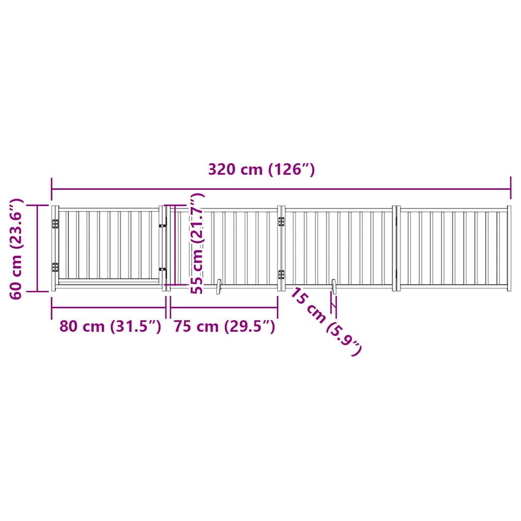 Poartă câini pliabilă cu ușă 4 panouri, 320 cm, lemn masiv brad