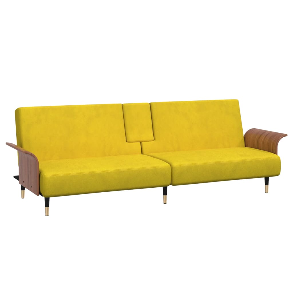 Canapea extensibilă cu suporturi de pahare, galben, catifea - Lando