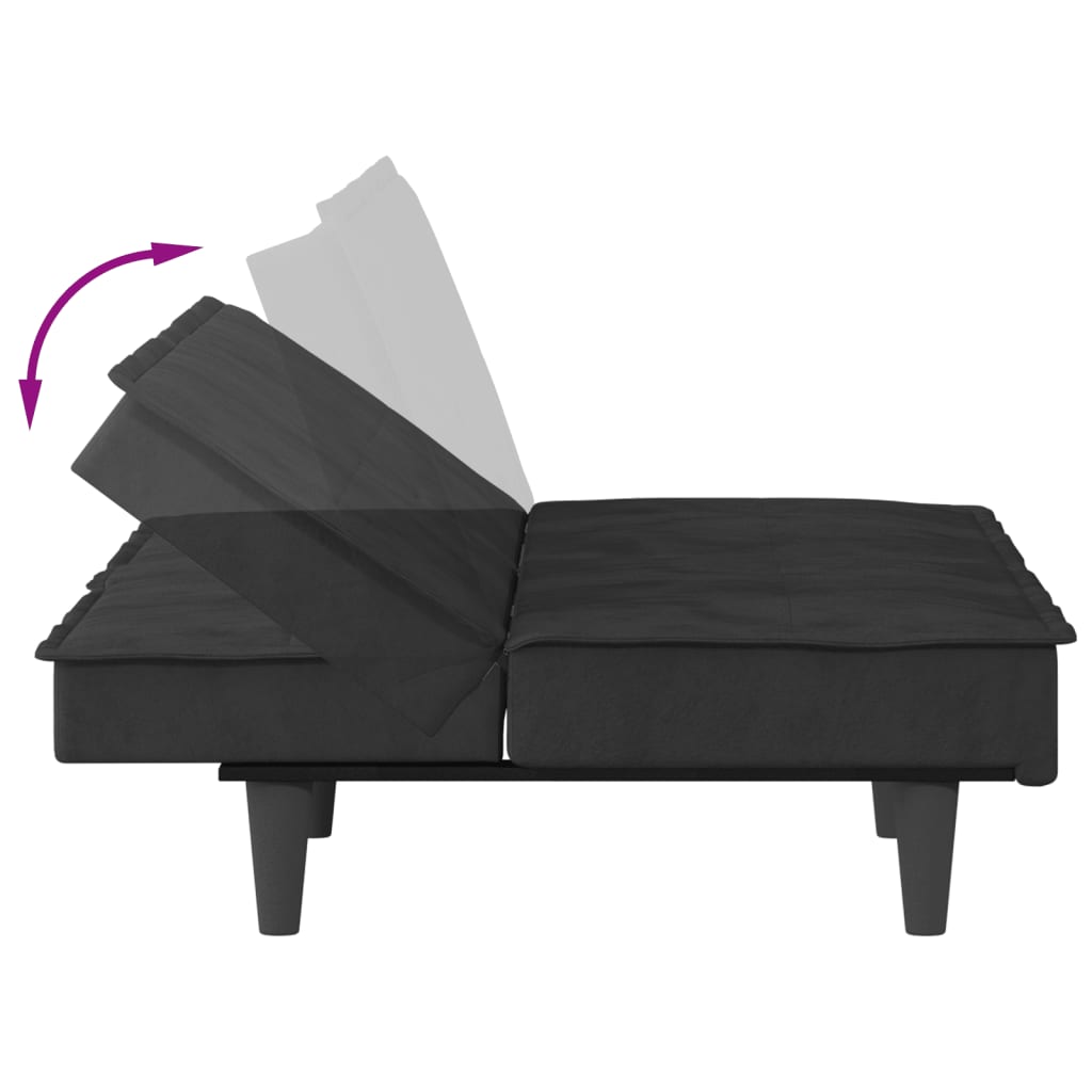 Canapea extensibilă cu suporturi de pahare, negru, catifea