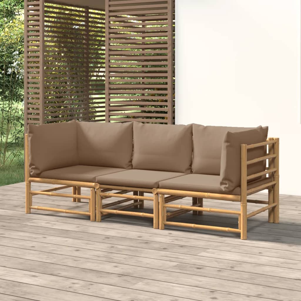 Set mobilier de grădină cu perne gri taupe, 3 piese, bambus