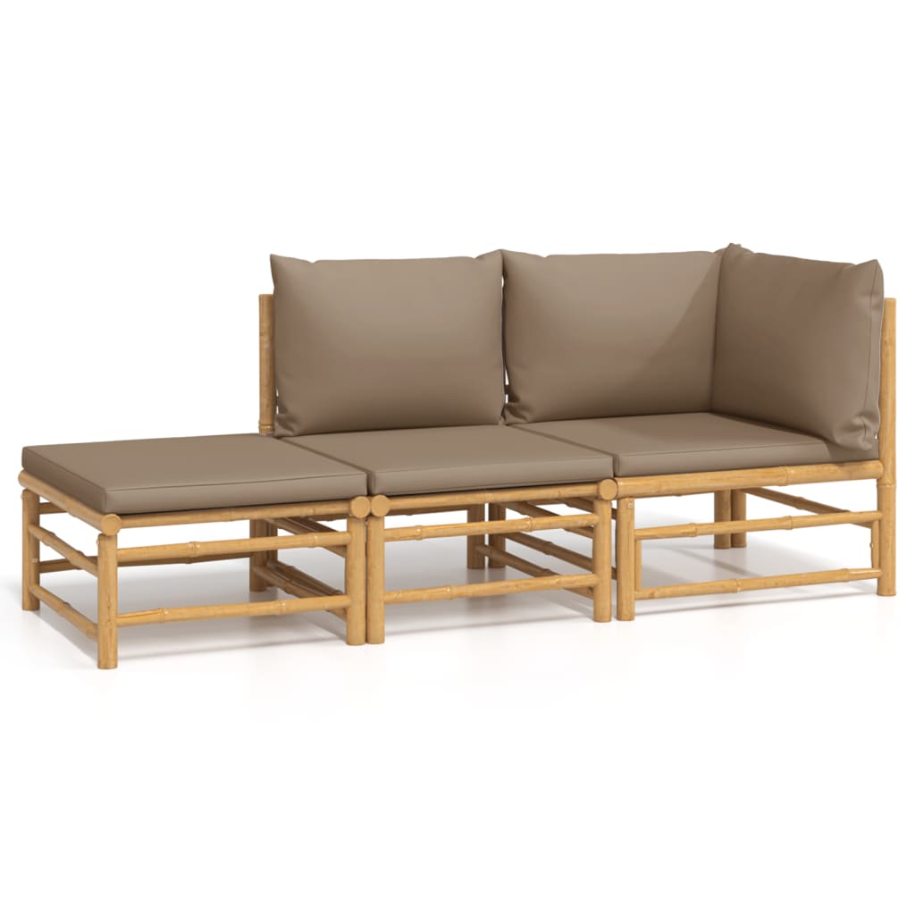 Set mobilier de grădină cu perne gri taupe, 3 piese, bambus