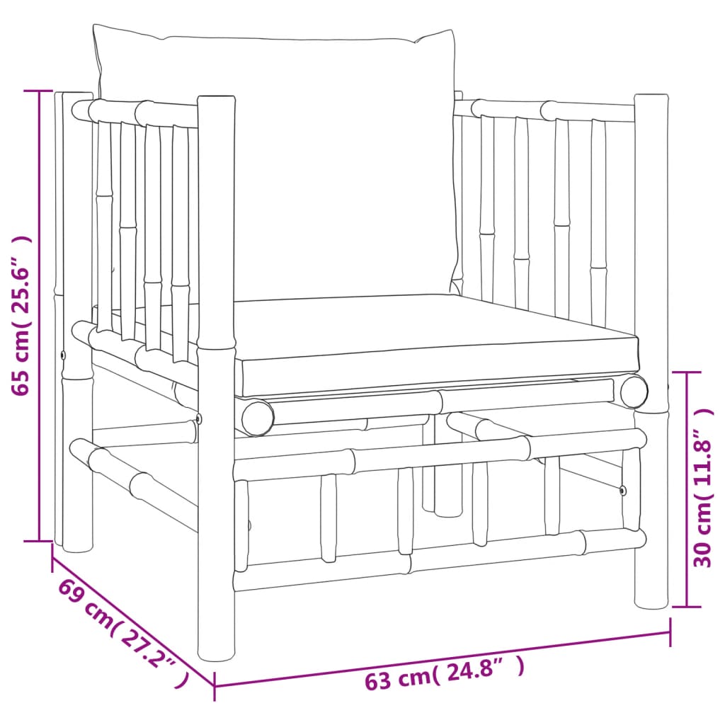 Set mobilier de grădină cu perne alb crem, 6 piese, bambus