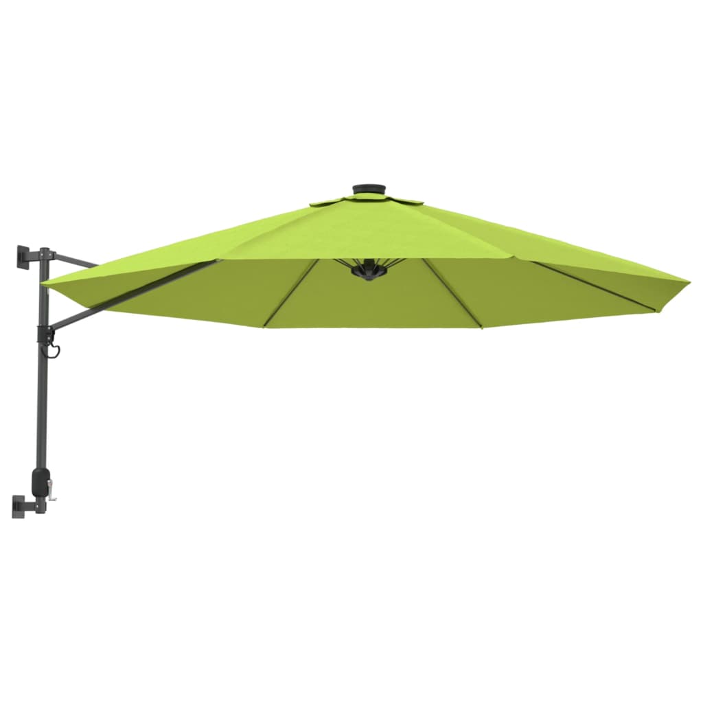 Umbrelă de soare montată pe perete cu LED-uri verde măr, 290 cm