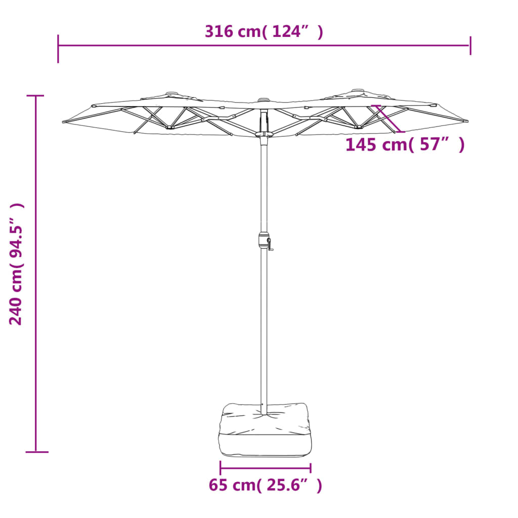 Umbrelă de grădină cu două capete cu LED-uri, verde, 316x240 cm