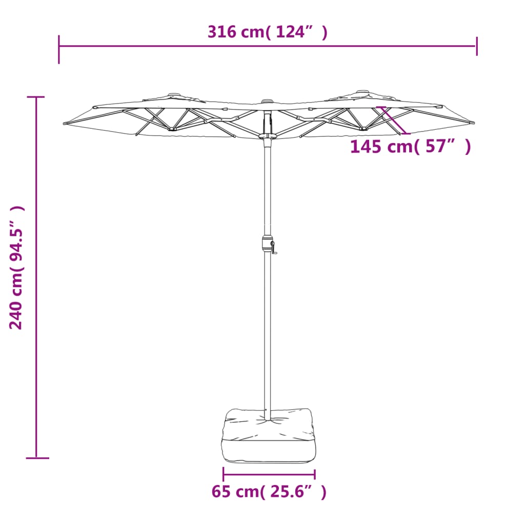 Umbrelă de grădină cu două capete cu LED-uri, negru, 316x240 cm