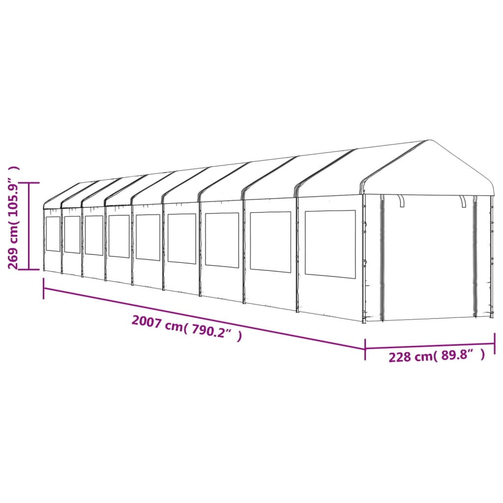 Foișor cu acoperiș, alb, 20,07x2,28x2,69 m, polietilenă