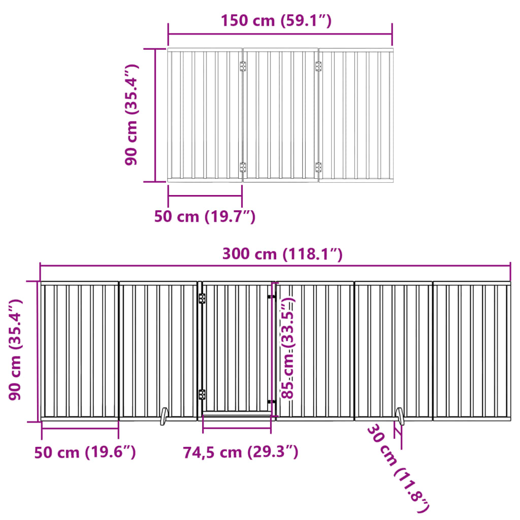 Poartă câini pliabilă cu ușă 12 panouri, alb, 600 cm, lemn plop