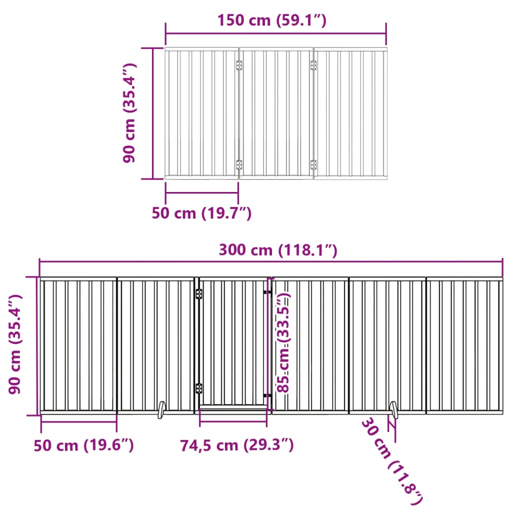 Poartă câini pliabilă cu ușă 15 panouri, alb, 750 cm, lemn plop