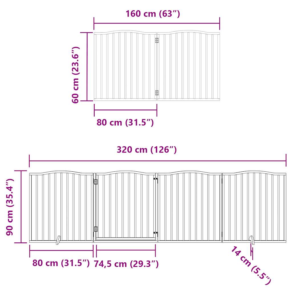 Poartă câini pliabilă cu ușă 8 panouri maro 640 cm, lemn plop